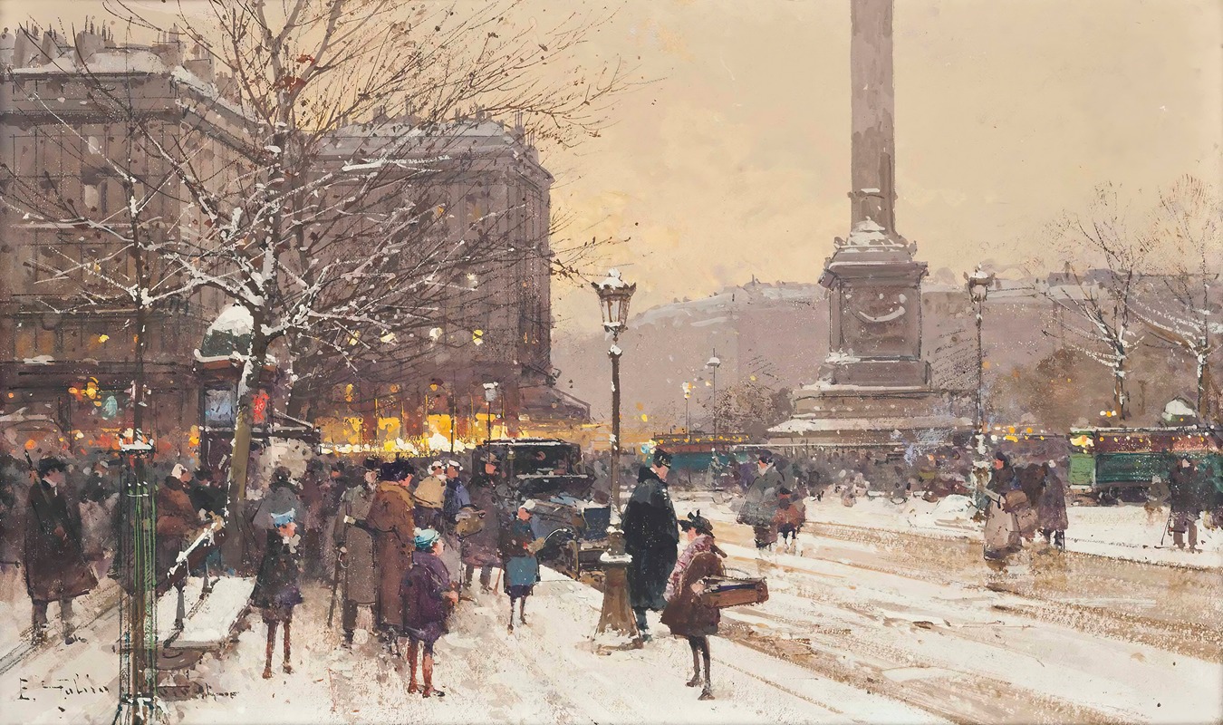 Eugène Galien-Laloue - Figures in the snow, the Place de Concorde, Paris