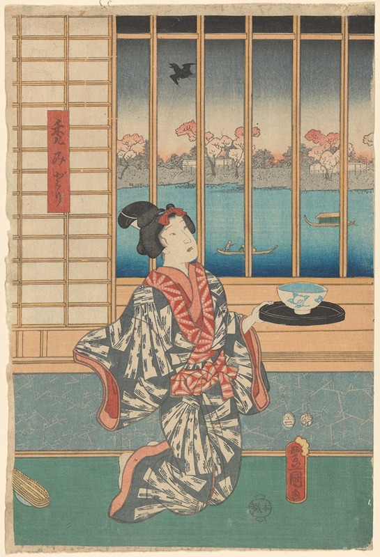 Toyokuni Utagawa - Woman Holding Bowl and Tray before Window (cherry trees blooming outside)