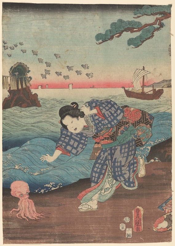 Toyokuni Utagawa - Woman Running on Seashore, Octopus