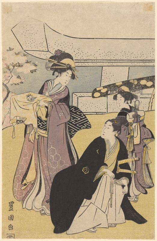 Toyokuni Utagawa - Women in Lavender Kimonos, Man in Black, Fan and Swords
