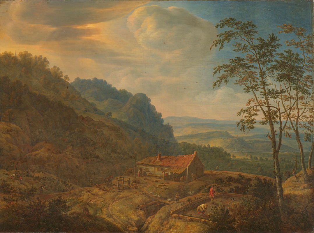 Herman Saftleven - Berglandschap met boerderij