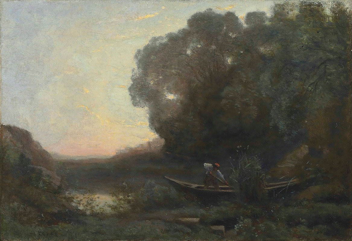 Jean-Baptiste-Camille Corot - Le batelier à la rive. Soleil couchant
