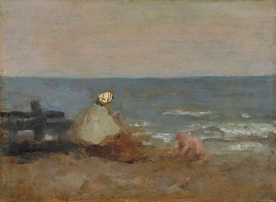 Jean-Baptiste-Camille Corot - Femme et Enfant au Bord de la Mer, Étretat