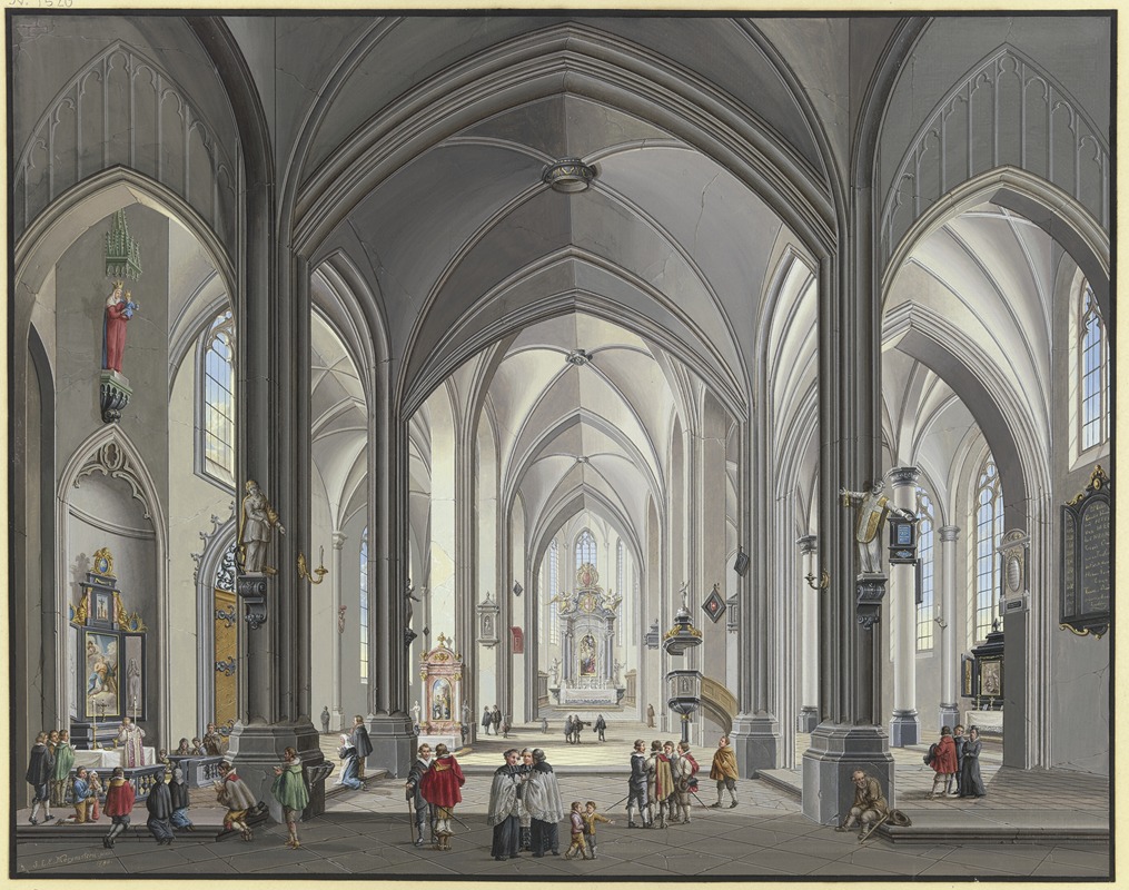 Johann Ludwig Ernst Morgenstern - Blick in das Innere einer gotischen Hallenkirche mit vielen Staffagefiguren in der Tracht des 17. Jahrhunderts, links liest ein Priester die Messe, 1790