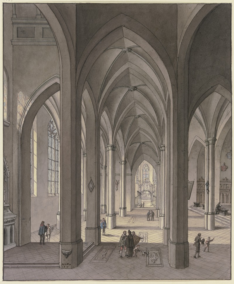 Johann Ludwig Ernst Morgenstern - Blick in den Chor einer dreischiffigen gotischen Hallenkirche mit Staffagefiguren in der Tracht des 17. Jahrhunderts, 1819