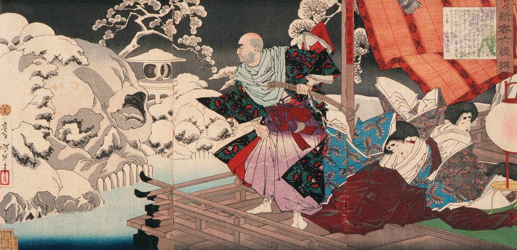Tsukioka Yoshitoshi - A New Selection of Strange Events; Taira No Kiyomori Seeing Skulls in the Snowy Garden