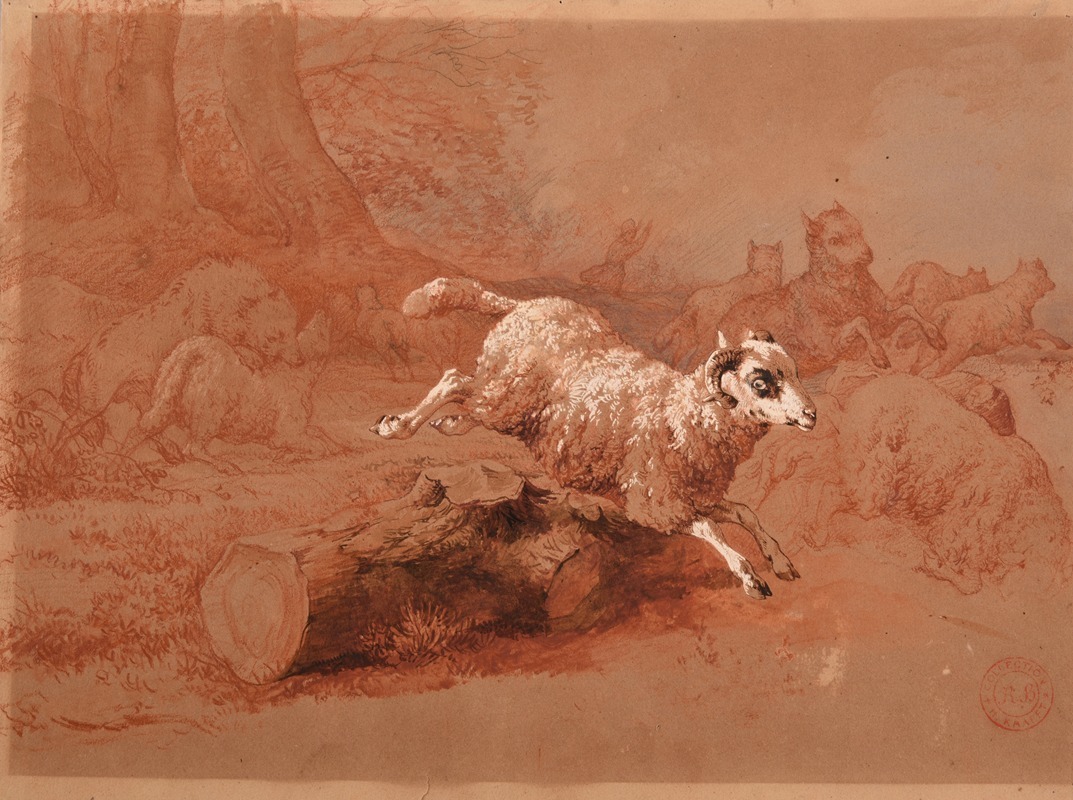 Jacques-Raymond Brascassat - Troupeau de moutons fuyant un loup
