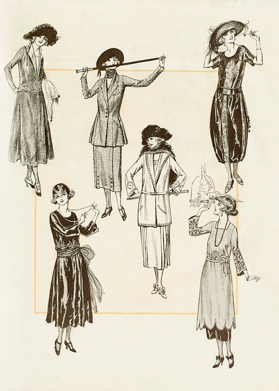 Anonymous - Spring brings the fitted and box-cut suit coat, many low waistlines, overblouse and one-piece costumes.