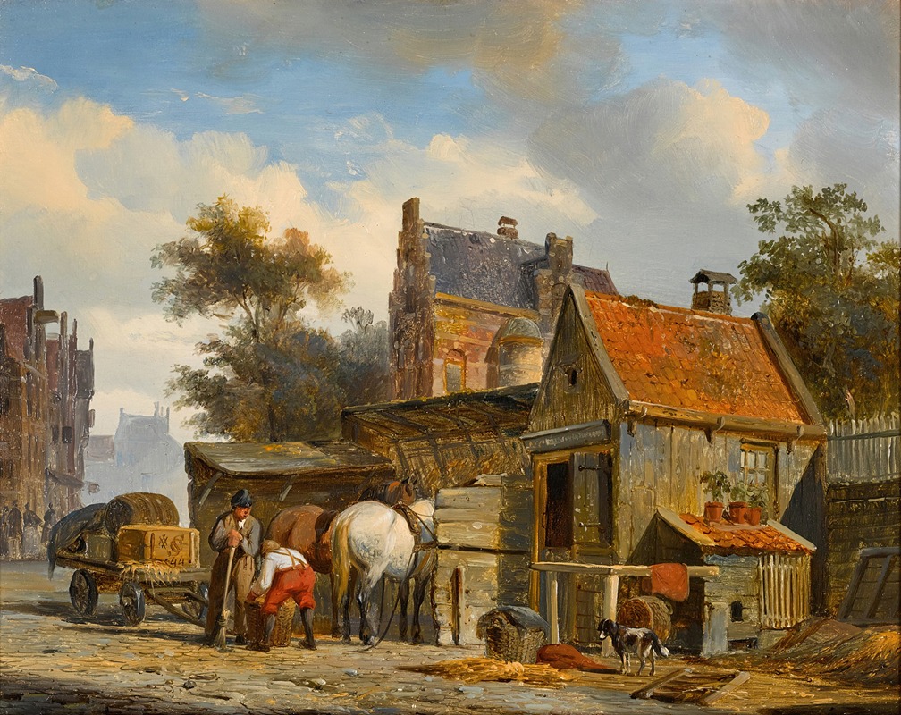 Cornelis Springer - A Street Scene with a Blacksmith at Work