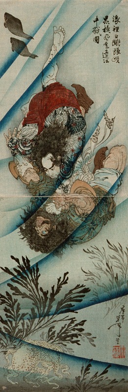 Tsukioka Yoshitoshi - Chang Shun, the White Stripe in the Waves, Wrestling with Li K’uei, the Black Whirlwind, in the Ching Yang River