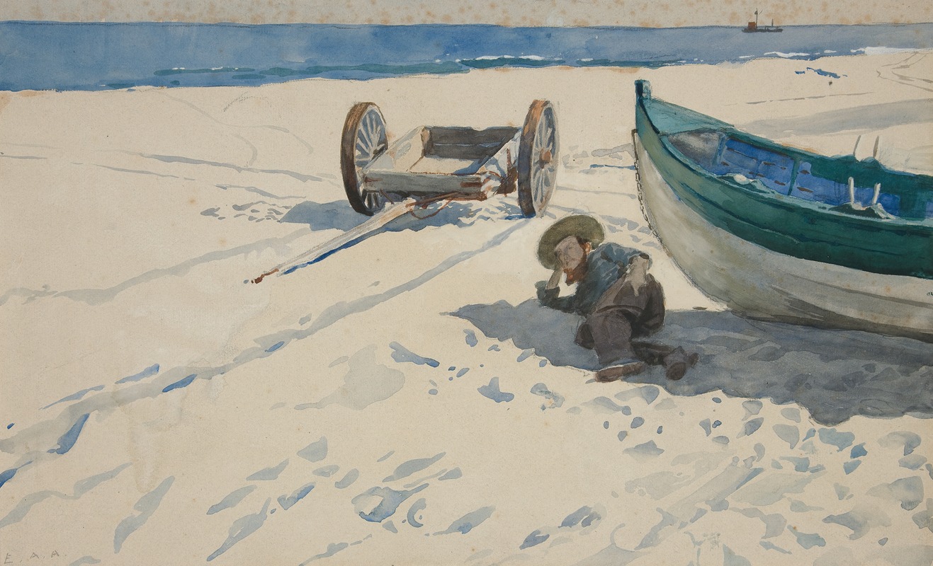 Edwin Austin Abbey - Beach scene with Man Resting in Shadow of Boat