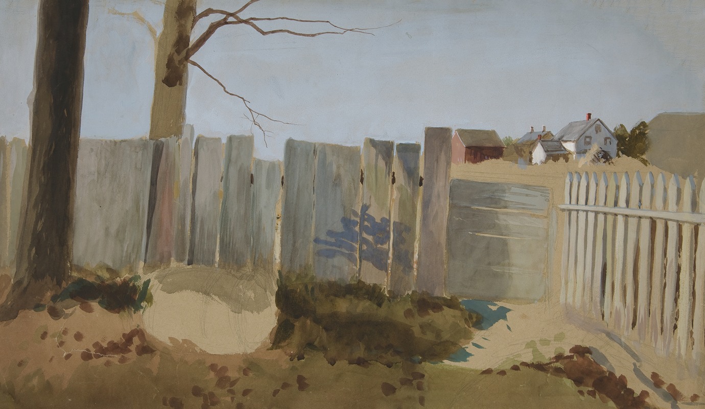 Edwin Austin Abbey - Country scene; fence, field, farmhouse in distance
