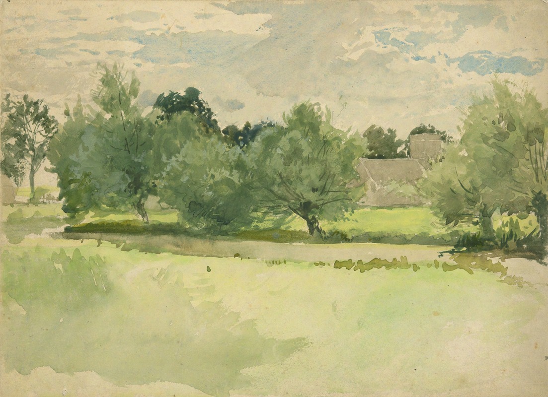 Edwin Austin Abbey - Landscape; Meadow. Church in background