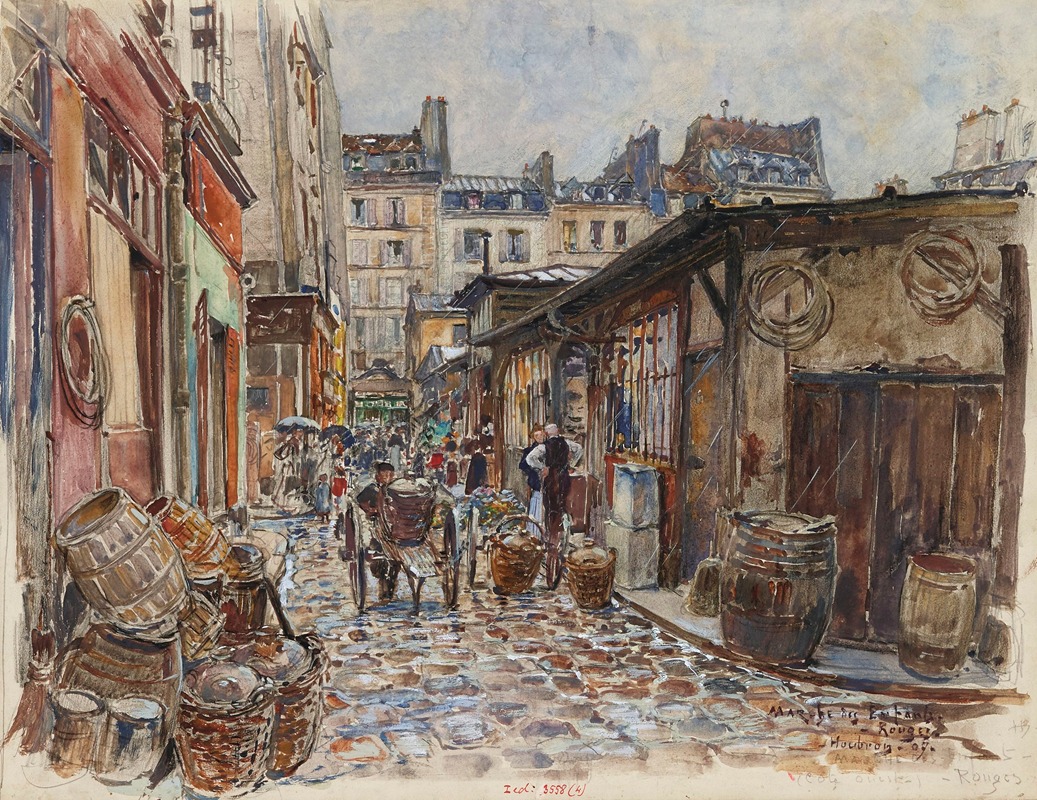 Frédéric Houbron - Le Marché des Enfants Rouges, côté Ouest, sous la pluie, en 1907. 3ème arrondissement