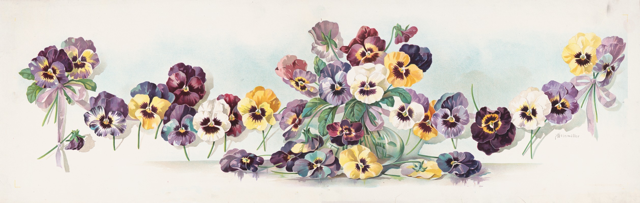 A. Heinmuller - Bouquet of pansies in glass vase