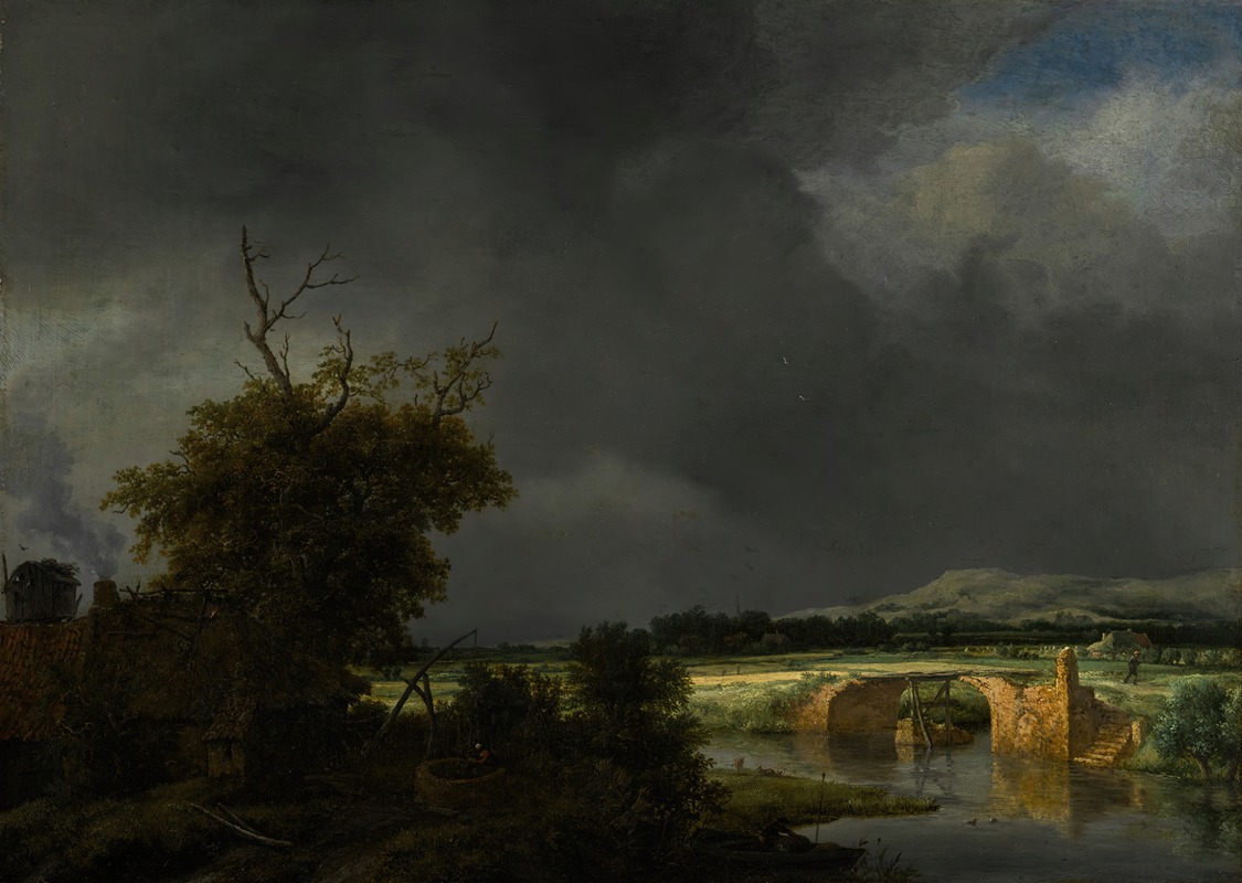 Jacob van Ruisdael - Landscape with a cottage and stone bridge under a cloudy sky