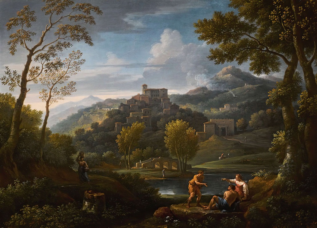 Jan Frans Van Bloemen - An italianate landscape with figures in the foreground, a hilltop town beyond