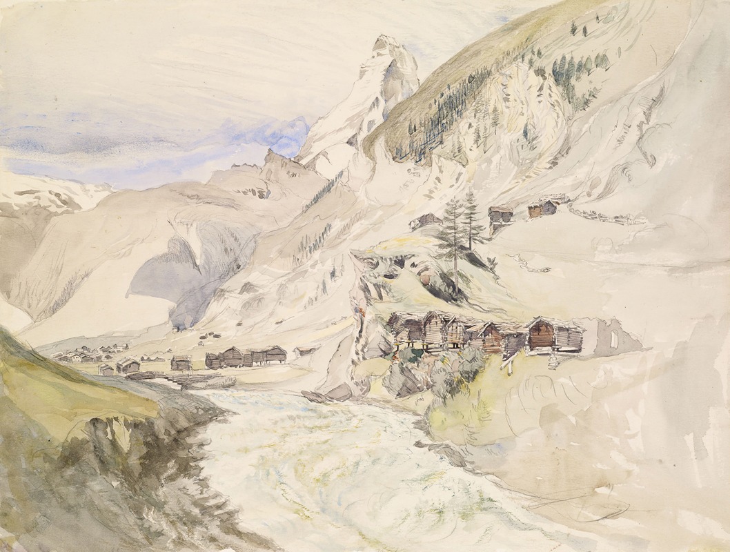 John Ruskin - An Alpine Valley, the Matterhorn in the Distance