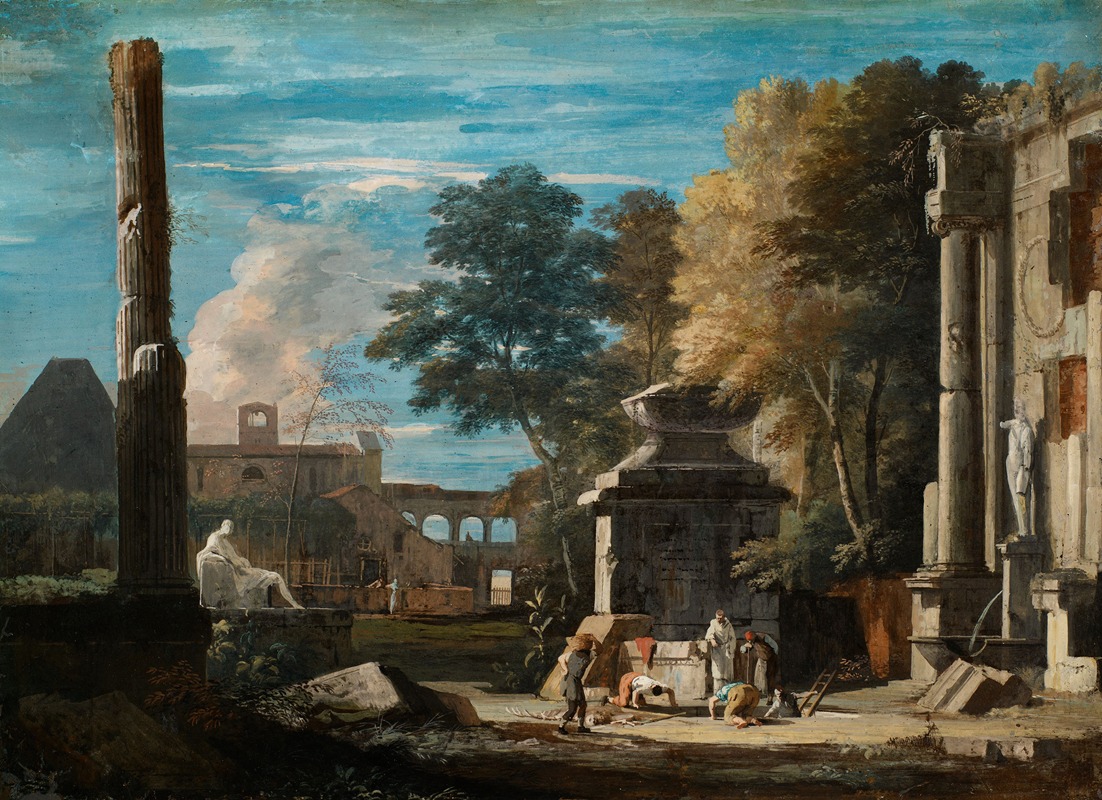 Marco Ricci - Venetian Capriccio With a Body Being Exhumed and a Franciscan Monk in Attendance
