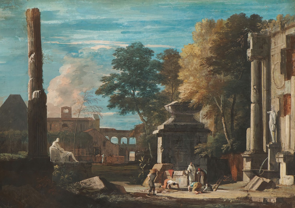 Marco Ricci - Venetian Capriccio With a Body Being Exhumed and a Franciscan Monk in Attendance