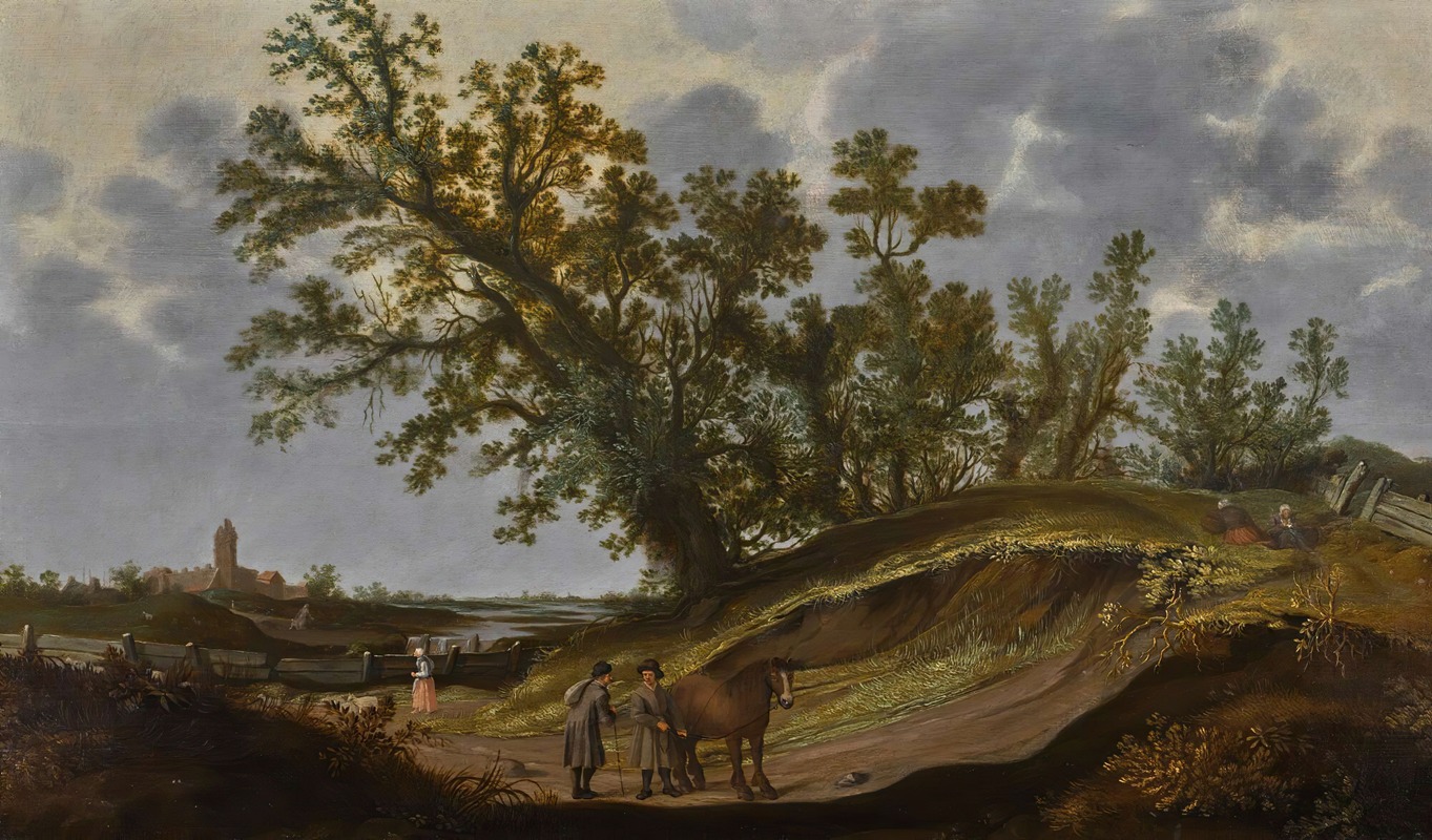 Reyer Claesz. Suycker - Landscape with figures on a path, a church beyond