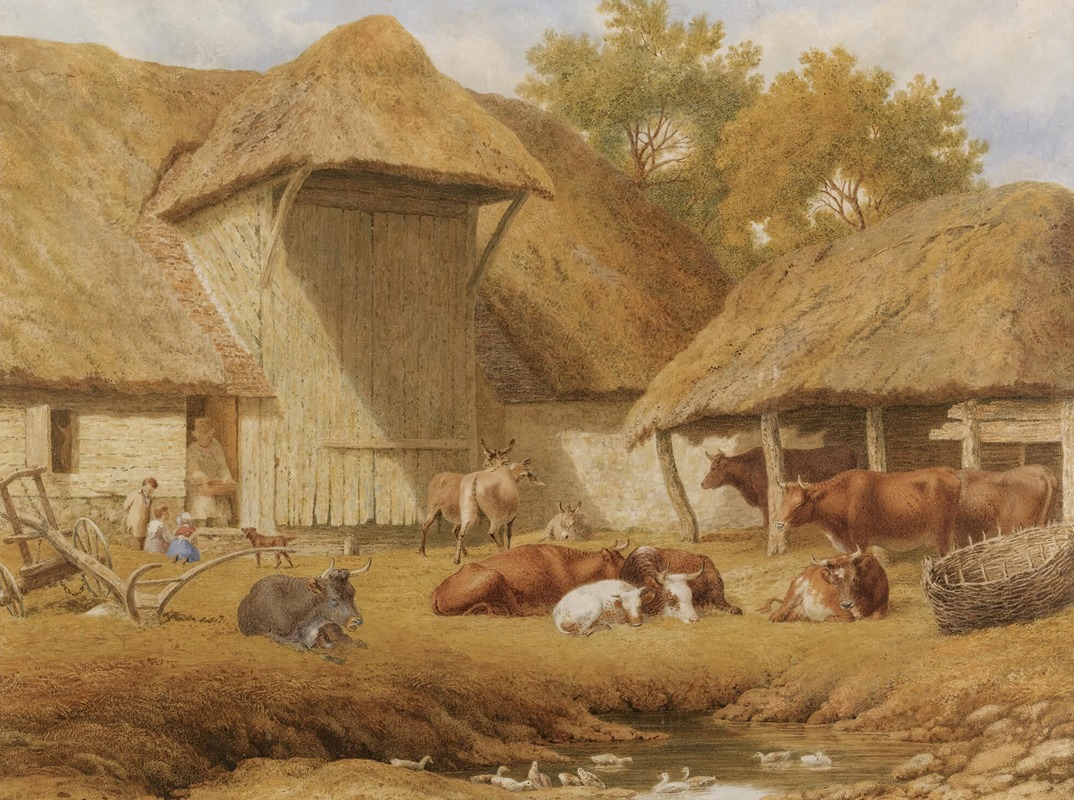 Robert Hills - Cattle resting beside farm buildings