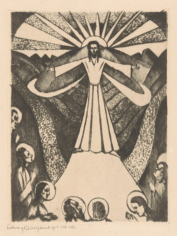 Lodewijk Schelfhout - Christus met gespreide armen in een heuvellandschap