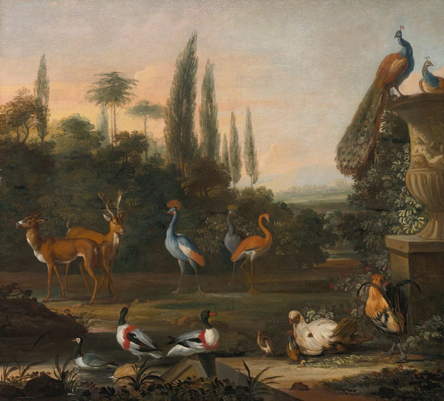 Abraham Jansz. Begeyn - Landscape with deer and exotic birds