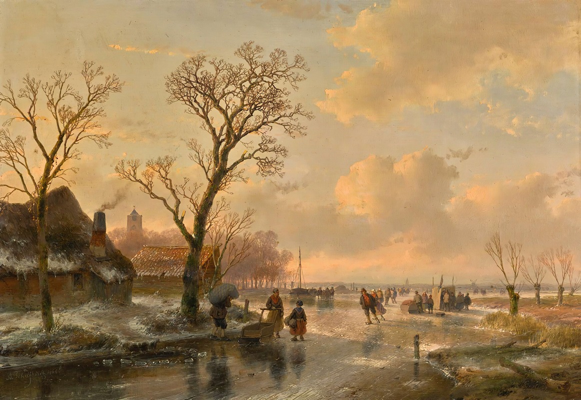 Andreas Schelfhout - Skaters on a frozen river