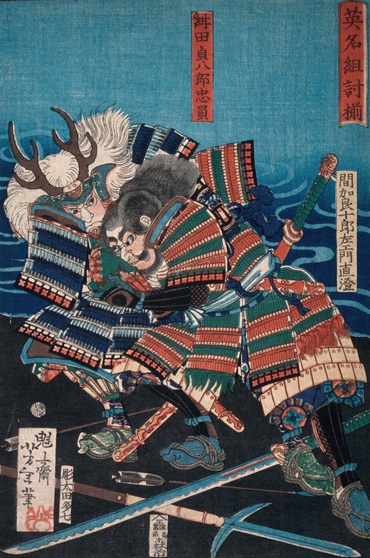 Tsukioka Yoshitoshi - Konda Teihachirō Tadakazu and Makara Jūrōzaemon Naozumi Grappling by the Water