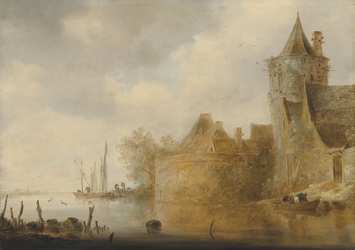 Cornelis van der Schalcke - River landscape with a tower and village buildings behind a wall