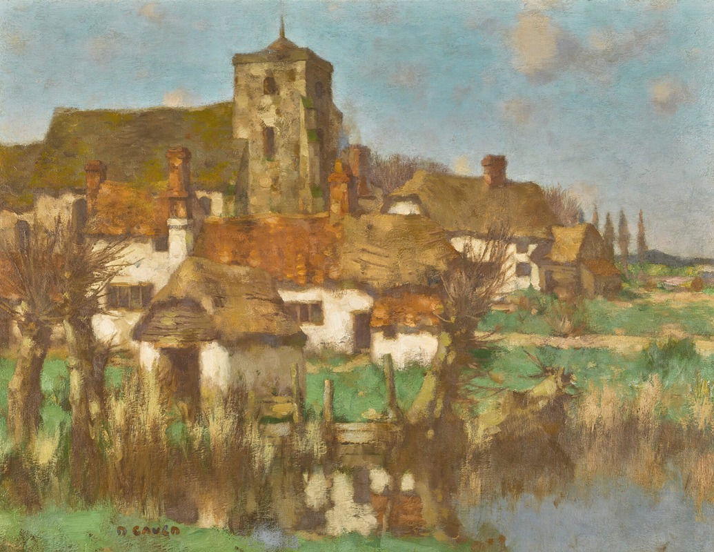 David Gauld - Church and farm cottages by a river