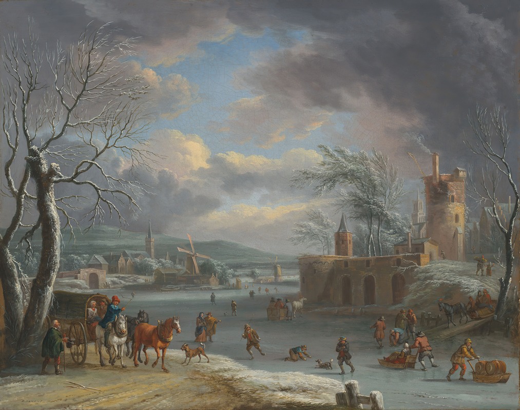 Dirk Dalens III - A winter landscape, with figures skating on a frozen river