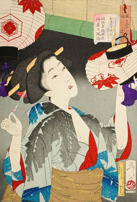 Tsukioka Yoshitoshi - Looking Observant; The Appearance of a Kyoto Waitress of the Meiji Era
