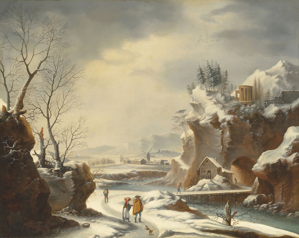 Francesco Foschi - A snowy landscape with travellers by a river
