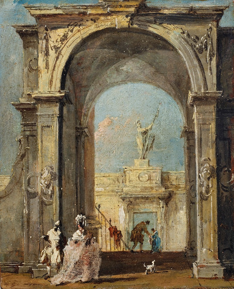 Francesco Guardi - An architectural capriccio with elegantly dressed figures and a dog at the entrance to a palace
