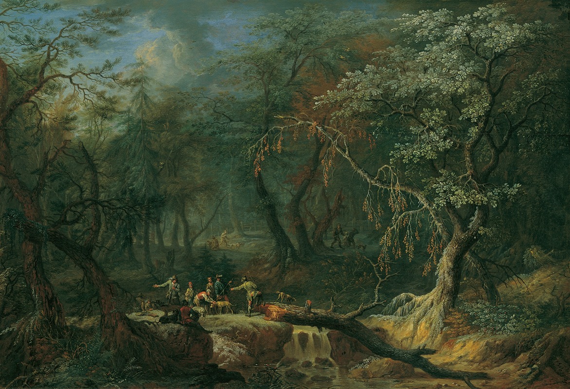 Franz Christoph Janneck - Waldlandschaft mit gestürztem Baum und Jägern