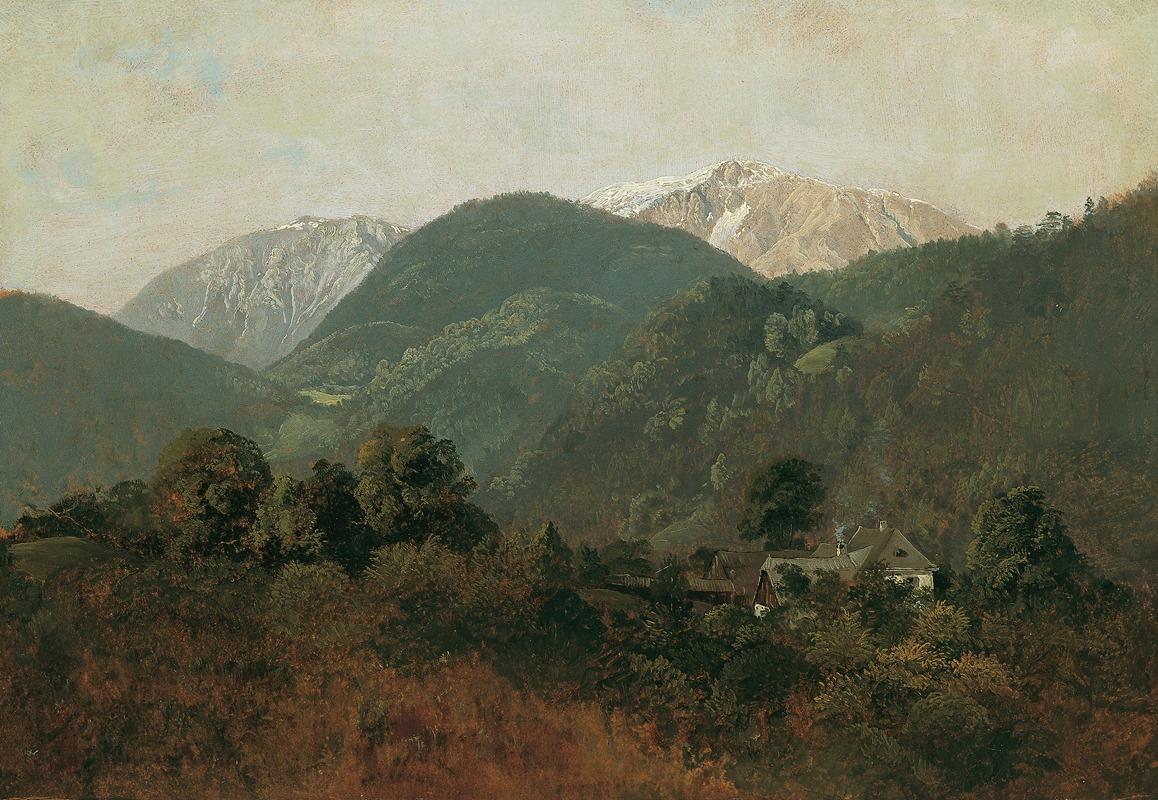 Friedrich August Matthias Gauermann - Blick von Scheuchenstein zum Gauermannhof mit Schneeberg im Hintergrund