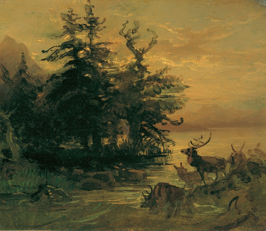 Friedrich August Matthias Gauermann - Suhlende Hirsche am Ufer eines Bergsees