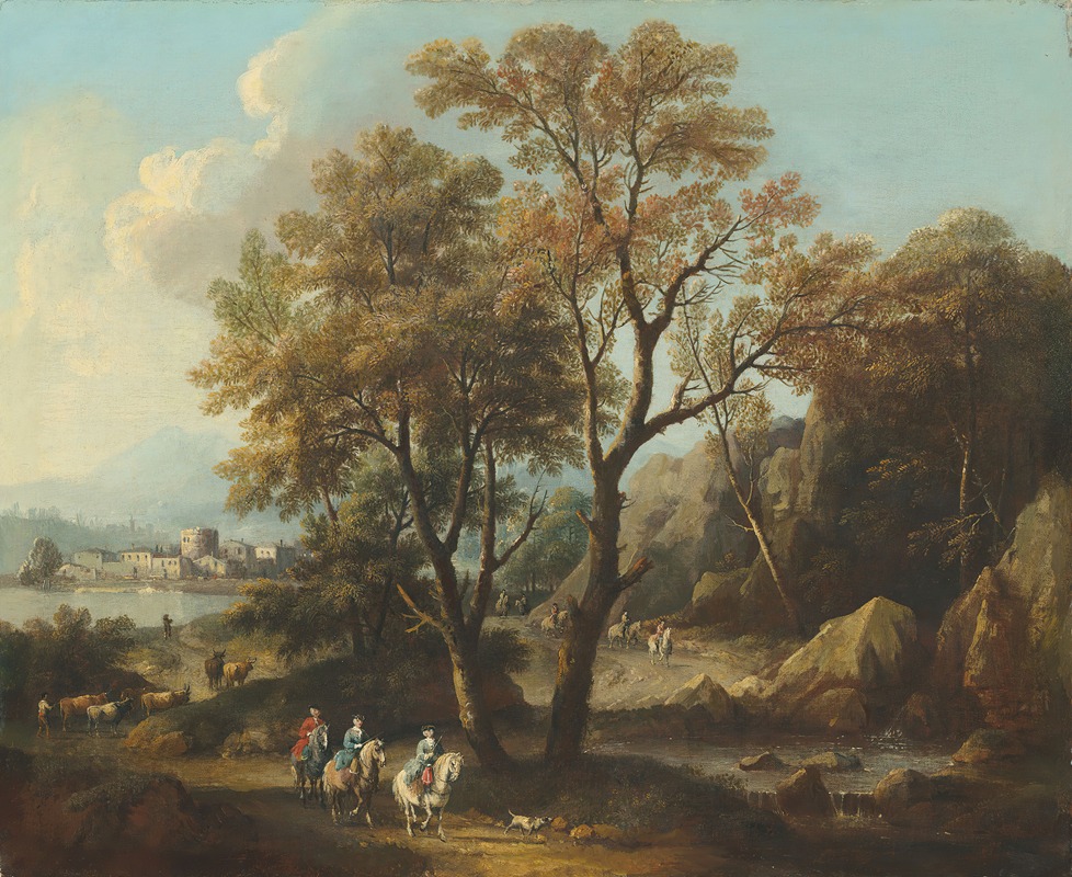 Giovanni Battista Cimaroli - A river landscape with travellers on a path