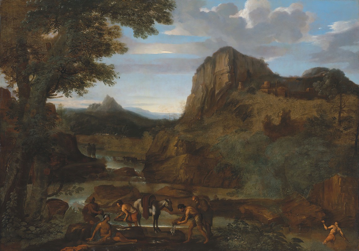 Giovanni Francesco Grimaldi - A rocky river landscape with fishermen