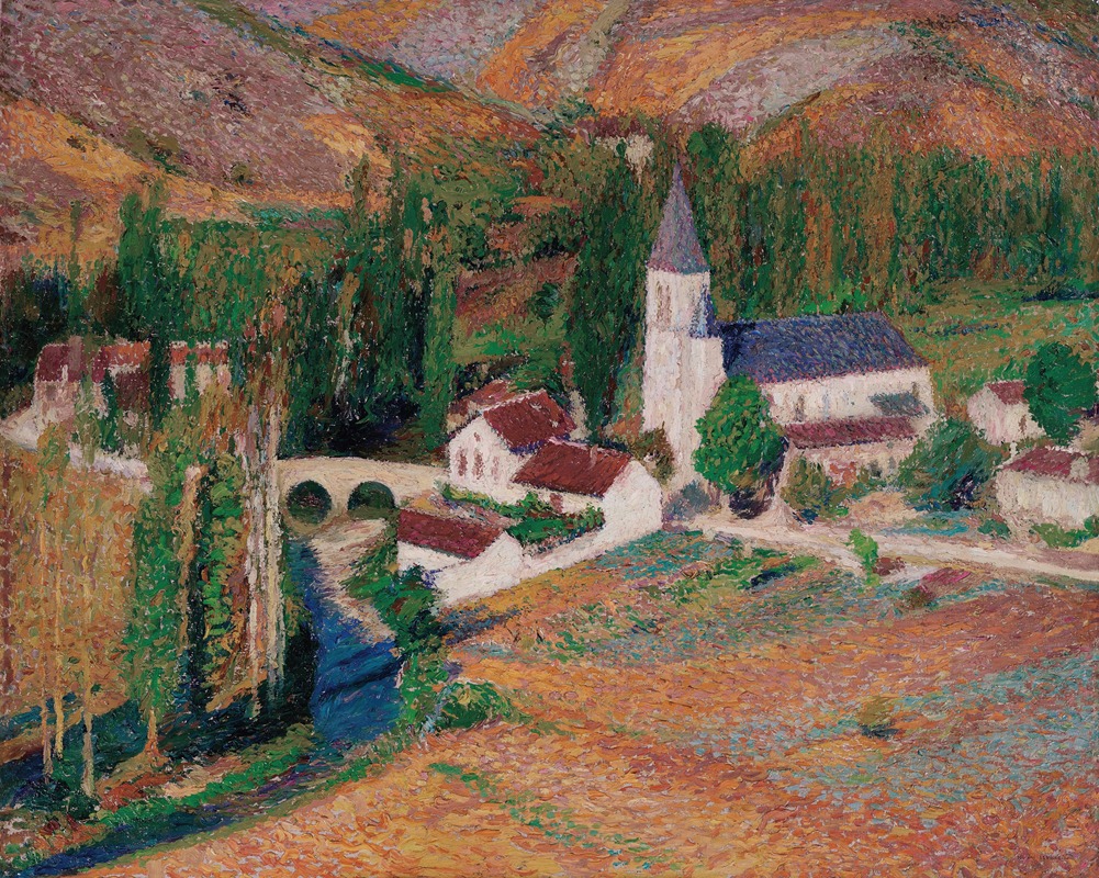 Henri Martin - L’église de Labastide-du-Vert avec le pont et la rivère, un soir d’automne
