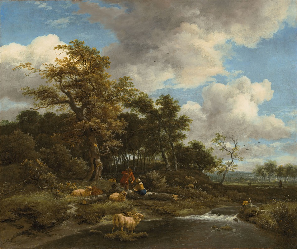 Jacob van Ruisdael - A wooded river landscape with shepherds and their flock