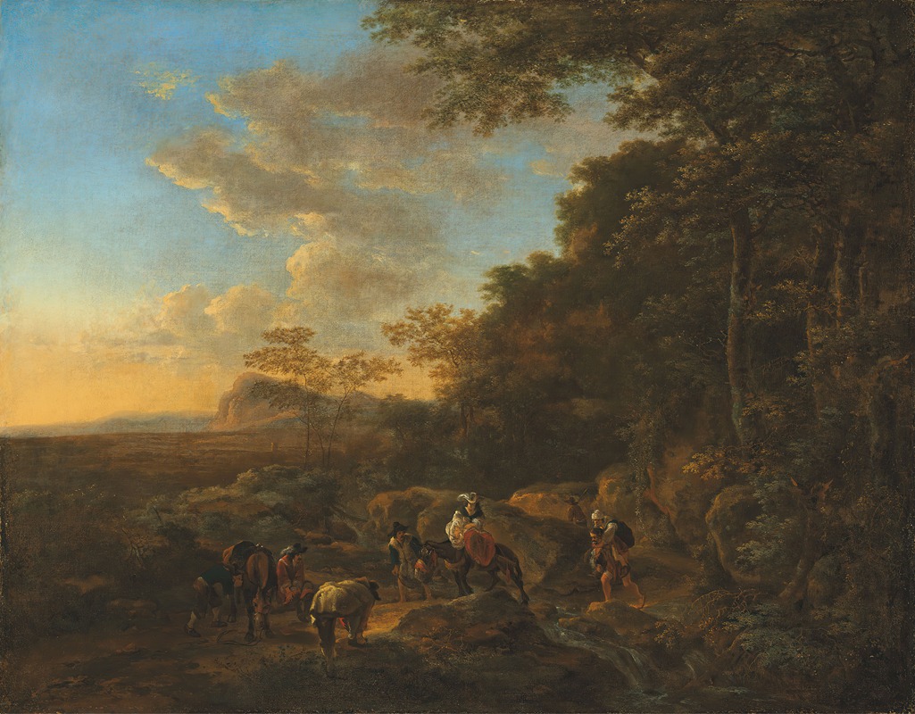 Jan Both - A wooded landscape with travellers crossing a ford