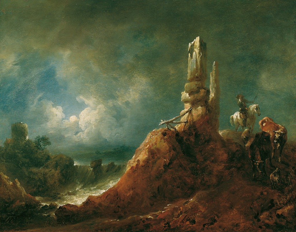 Johann Christian Brand - Landschaft mit Ruine und Reiter bei Mondschein
