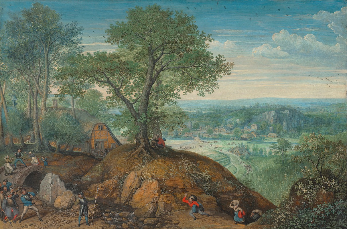 Lucas van Valckenborch - An extensive landscape with plundering soldiers
