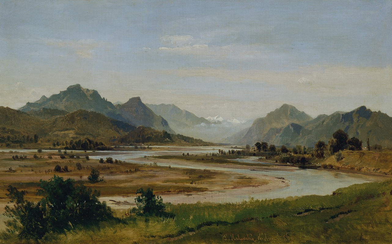 Ludwig Halauska - Das Inntal südlich von Rosenheim Alpental mit Flussschlinge