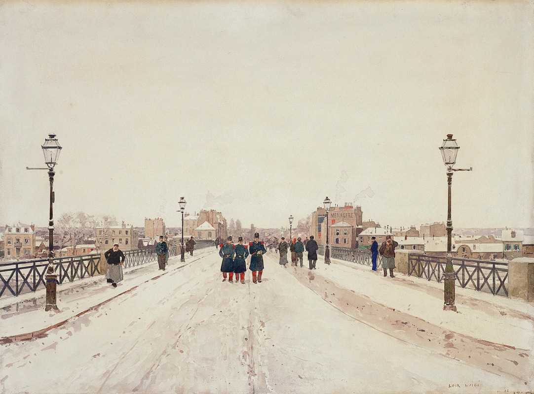 Luigi Loir - Figures On A Bridge In The Snow