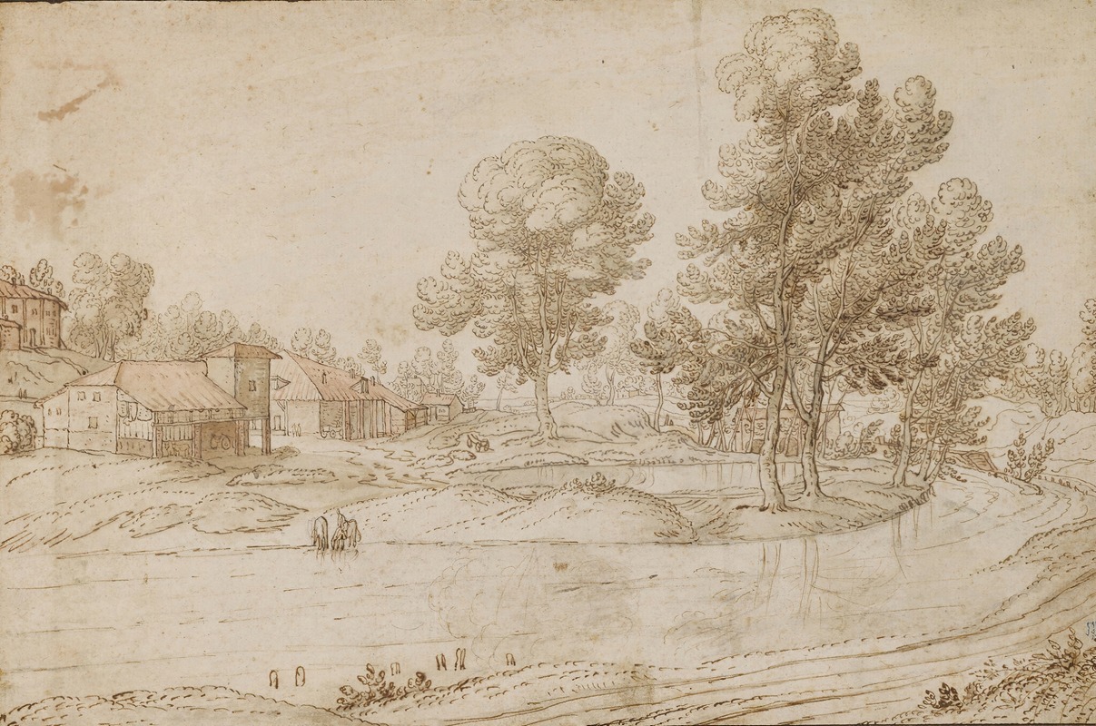 Pauwels van Hillegaert - A Landscape with Houses on the Bank of a River