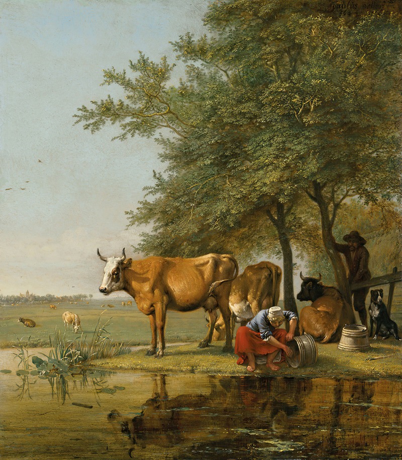 Paulus Potter - Landscape with cattle and a woman cleaning a bucket by a stream